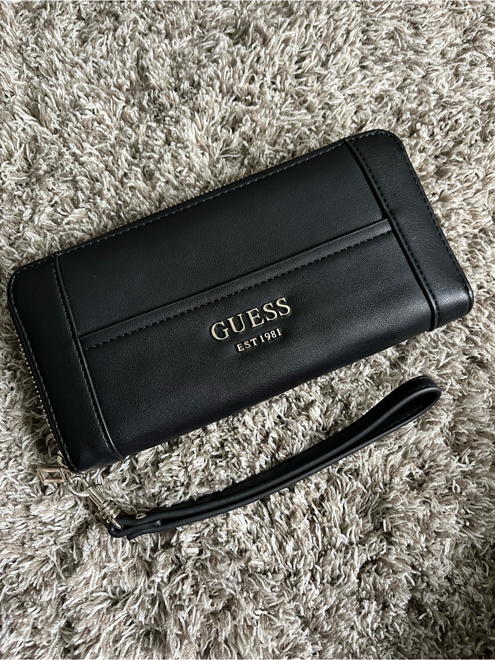 GUESS Black Zip-Around Wristlet with Gold Logo